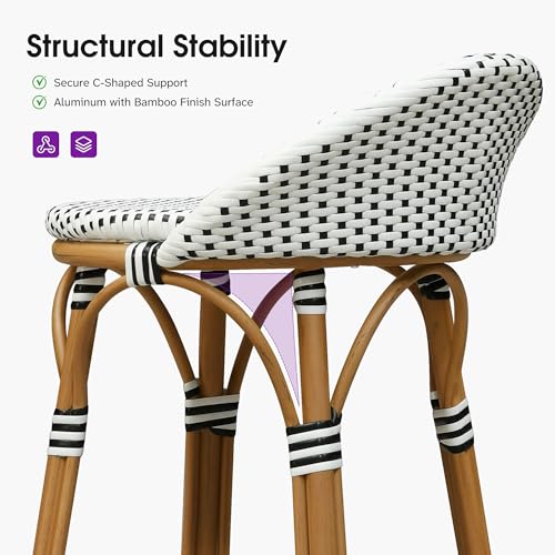 Image of PURPLE LEAF Patio Oversized Backrest Counter Height Stool Set of 1 Outdoor Round Barstools Aluminum Frame in Bamboo Finish Woven Rattan for Indoor Kitchen Dining Bistros Cafe Restaurant White