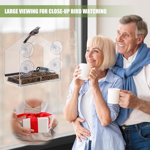 Window-Bird-Feeder-with-Strong-Suction-Cups-Large-Window-Bird-Feeders-for-Viewing-Transparent-Acrylic-Window-Bird-Feeder-for-Outside-Bird-Watching-Gift-for-Elder-Cats-Bird-Lovers Jarkyfine Window Bird Feeder with Strong Suction Cups - Clear Window Bird Feeders for Viewing, Transparent Acrylic Bird Feeder for Window with Detachable Tray Easy to Clean, Gifts for Dad Mom - Image 4