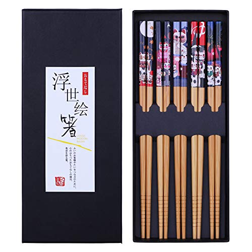 Antner 5 Pairs Natural Bamboo Chopsticks Japanese Style Reusable Chopstick Gift Set Lucky Cat Pattern 88 Inch225cm