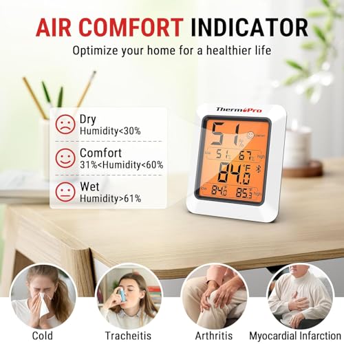 Image of LABART ThermoPro Hygrometer Thermometer for House TP350, Bluetooth Greenhouse Thermometer Humidity Meter up to 260FT, Backlit Room Indoor Thermometer Humidity Sensor with 2-Year Data Export