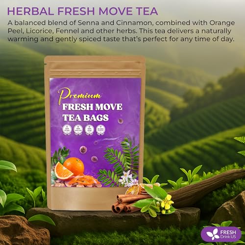 Image of FreshDrinkUS, Fresh Move Tea - 75 Tea Bags - Herbal Tea Blend with Senna Leaves, Cinnamon, Orange Peel, Ginger & More - Caffeine-Free, Natural Ingredients - Smooth Flavor for Everyday Enjoyment