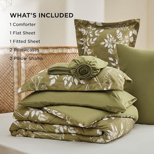 Image of Bedsure Floral Olive Green Comforter Set, Queen Bedding Sets, 7 Piece | Bed in a Bag, Comforters, Bedroom, Reversible, Fluffy, Whisper-Quiet, All-Season, Polyester, Easy Care, Botanical-Chic, OEKO