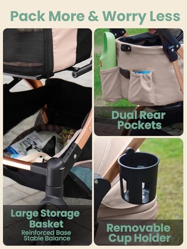 Image of Small Dog Stroller, 5-in-1 Foldable Pet Stroller for Small Dogs Cats 10-20 lbs - 1-Click Fold Without Detaching Carrier, Removable Waterproof Carrier, All Terrain 4 Wheels for Outdoor Travel, Khaki