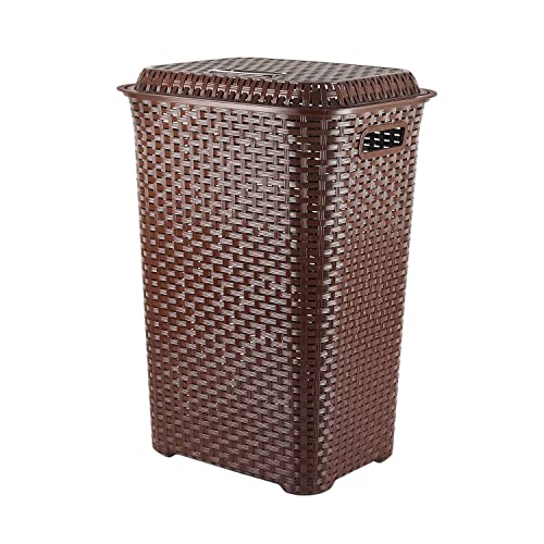 Cello Eliza Plastic Laundry Basket with Lid, Dark Brown, 50 Ltrs | Lightweight and Portable | Storage Organizer | Convenient Handling | Useful For Storing Clothes, Toys, Books