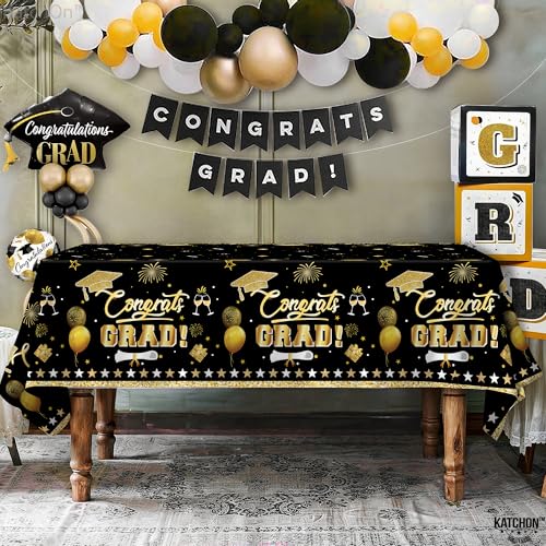 Image of KatchOn Graduation Tablecloth - XtraLarge 54x108 Inch, Pack of 3, Graduation Decorations 2026 | Black and Gold Congrats Grad Tablecloth | 2026 Graduation Table Decorations, Grad Party Supplies