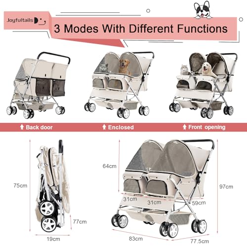 Joyfultails Hundewagen, Doppel-Haustier-Kinderwagen, faltbarer Kinderwagen für 2 Hunde und Katzen, Zweisitzer-Tragetasche, Twin Dog Walk Jogger, Reise-Haustierwagen mit Stauraum, Grau