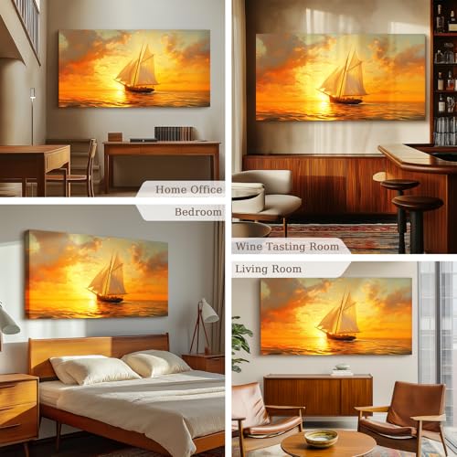crmotu Sailboat Wall Art, Large Landscape Wall Art, Nautical Wall Decor, Sunset Painting Canvas Prints, Ocean Pictures for Living Room Bedroom Dining Room Hallway Office Home Hotel Artwork 30x60inch