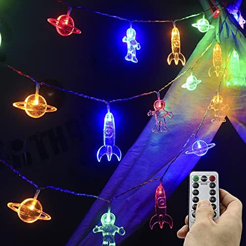 Mankinlu Children's Room LED String Lights with Remote 20 LED 11 FT 8 Modes Battery Operated Space String Lights with Rocket Spaceship Astronaut Pendants Holiday Party Lights for Kids Room Multicolor
