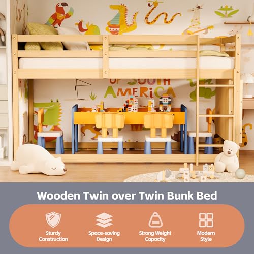 TOLEAD Low Bunk Bed Twin Over Twin, Floor Bunk Bed with Bookshelf&Ladder, Twin Bunk Bed with Full Guardrails, Wooden Bunk Bed for Juniors, Boys, Girls, Kids, Bedrooms (Natural)