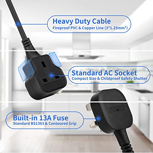 TISDLIP 1 Gang Extension Lead, 3M/9.84Ft Long Plug Extension, Easy Clean & Soft Black Extension Cable - Image 3