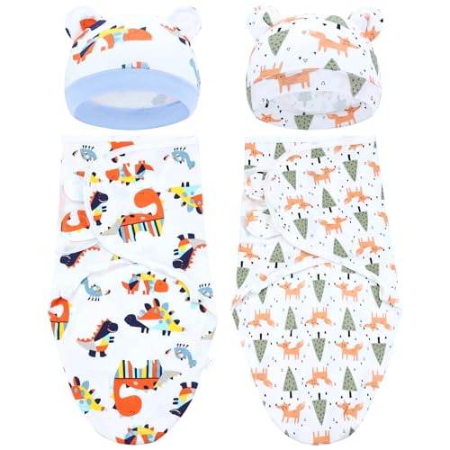 Image of Cinaci 2 Pieces Adjustable Soft Cotton Baby Swaddle Sleep Sacks Hats Newborn Nursery Caps Beanies Bonnets Swaddle Blanket Wraps for Baby Girls Boys Infants Newborns (2PCS S6)