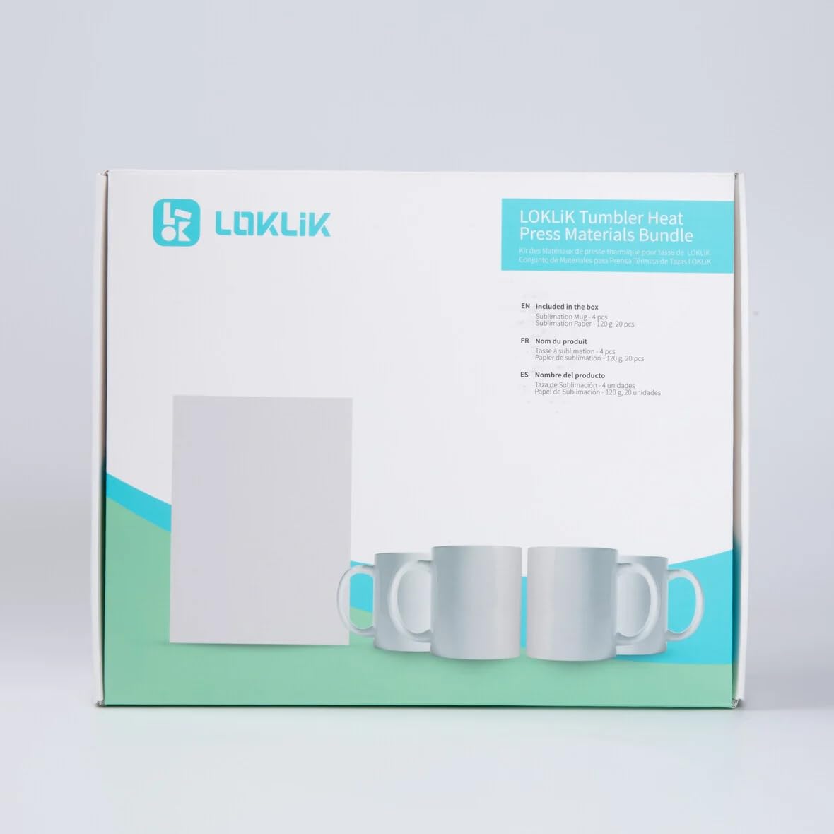 LOKLiK Starter Pack per Auto – Personalizza Tazze, Bicchieri, Bottiglie e Borse – 4 Tazze per Sublimazione Bianche e 20 Fogli di Carta per Sublimazione – Personalizzazione con Sublimazione