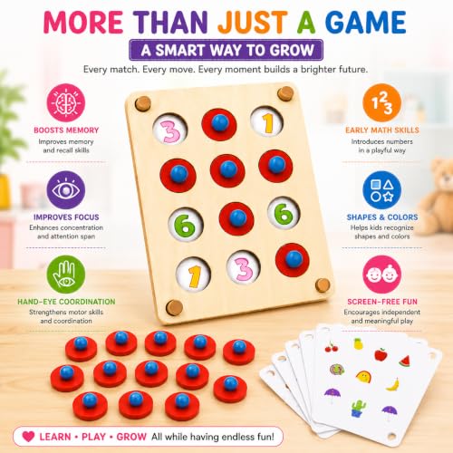 Image of PLUSPOINT Wooden Memory Matching Puzzle Game for Kids | Montessori Memory Match Board with Color Pattern Cards | Educational Brain Training Toy for Preschool Early Learning Age 3+