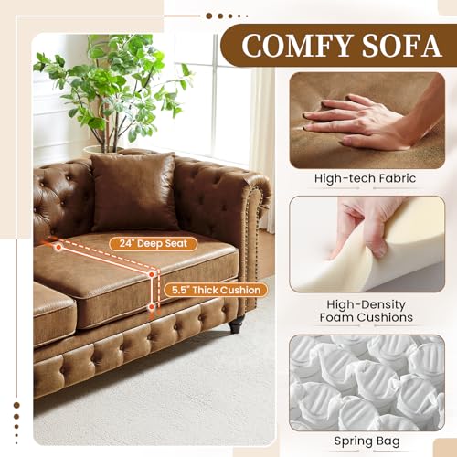 Image of Mid Century Modern Couch, 85.5 inchW Faux Leather Button Tufted Oversized Loveseat Sofa with Nailhead Trim & Roll Armrests, Deep Seat Comfy Chesterfield Sofa for Living Room, Office(3 Seater, Brown)