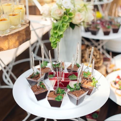 Image of Colovis Mini Dessert Cups, 100 CT 2oz Clear Plastic Parfait Appetizer Cups with Spoons Mini Square Dessert Bowls for Serving, Tasting (100)