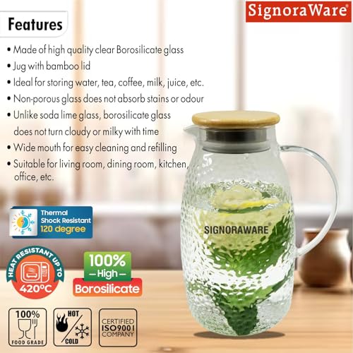 Image of Signoraware BoroLuxe Borosilicate Glass Jug with Bamboo Lid | Heat Resistant | Elegant Airtight Bamboo Lid for Natural Look | Ideal for Water, Juice, Detox & Infused Beverages (1.5 Ltr | Clear)
