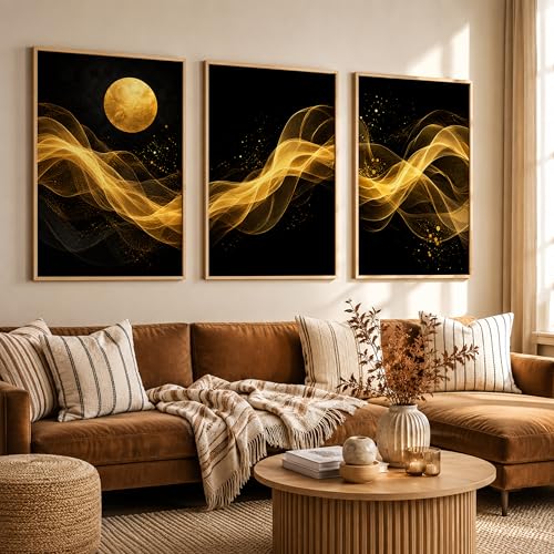 Image of TheMakerly Set of 3 Black Gold Abstract Moon Wall Art Paintings for Living Room | Luxury Modern Wall Decor | Golden Wave Wall Paintings for Bedroom, Hall, Office & Home Decoration (10x13 Inches)