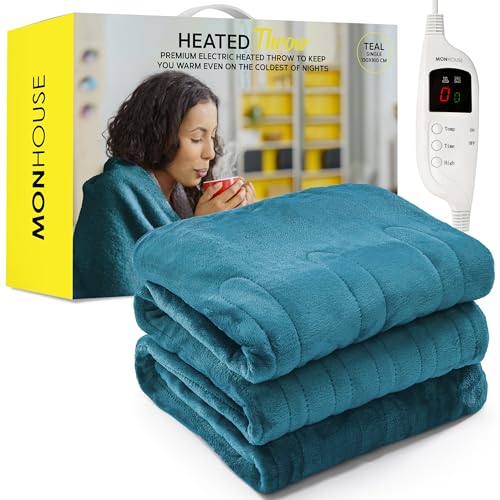 MONHOUSE 130X160 cm Soft Electric Sofa Blanket -Fleece Single Heated Throw With Digital Controller - Machine Washable Bed Throw, Timer up to 9 hours, 9 Heat Settings, Auto Shutoff- TEAL