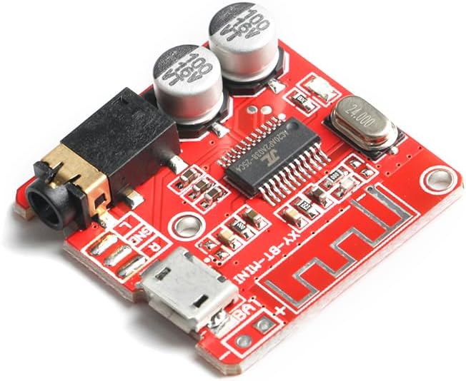 Top view of the XY-BT-Mini Bluetooth module showing the Micro USB port, 3.5mm audio jack, and main chip.