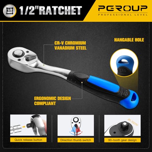 Image of 20 PCS 1 /2 inch Drive Metric Socket Wrench Set,90-Tooth Reversible Ratchet Handle,6 Point Shallow Sockets (8-32mm) and Extension Bar 5 inch, CR-V Steel, Car Repair Set