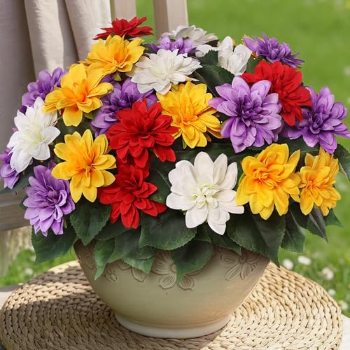 8 Bundles 17Artificial Dahlia Flowers for Outdoor Decor(Mixed Color)