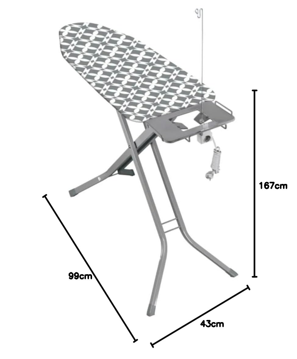 Bügelbrett Advanced PRO mit Steckdosenverlängerung, Kabelhalterung, Bügeleisenablage, rutschfest – Höhenverstellbar bis 99 cm, klappbar, 120 x 42 cm Bügelfläche