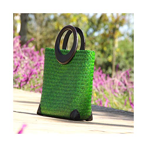 Image of Hand-woven Womens Straw Large Boho Handbag Bag for Women, Summer Beach Rattan Tote Travel Bag with Wood Round Top Handle (Green)