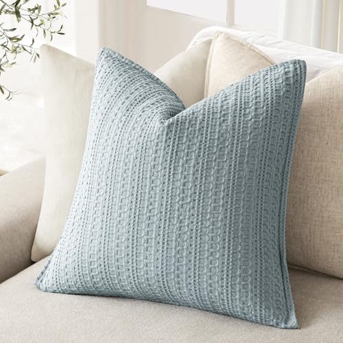 Image of Foindtower Set of 2 Decorative Cotton Waffle Weave Throw Pillow Covers Euro Shams Cushion Covers Accent European Pillowcase for Bed Couch Sofa Bedroom Living Room Home Decor 22x22 Inch Light Blue