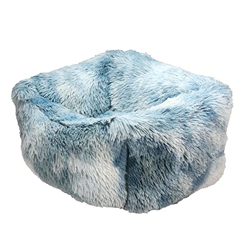 Long Rich Calming Dog Cat Bed, Fluffy Plush Pet Bed Filling Pp Cotton, Anti Anxiety Cozy Soft Cuddler Rectangle Dog Bed, Machine Washable, Non-Slip Bottom (16.9" X 13.8" X 7.9", Blue & White) #TOP6