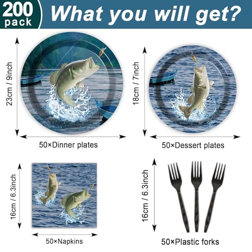 Image of ZOIIWA 200 PCS Gone Fishing Tableware Disposable Paper Plates Napkins Fishing Tournament Birthday Party Supplies Dinnerware Set Napkins Party Decoration Serve 50 guest