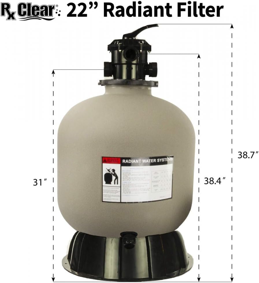 Rx Clear Radiant 22 Inch Above Ground Swimming Pool Sand Filter System | Includes 1.5 HP Pump, Multi-Port Valve, & White Luster Media | 45 GPM Flow Rate for Swimming Pools up to 26,000 Gallons