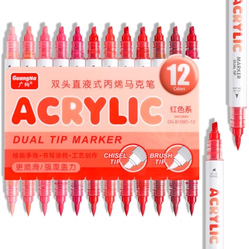 kander 12 Colors Dual Tip Acrylic Paint Markers Red Color Extra Fine & Soft Brush Pen Set with Direct Ink Flow for Sketching Detailing Coloring on Wood Canvas Rock Glass DIY Crafts