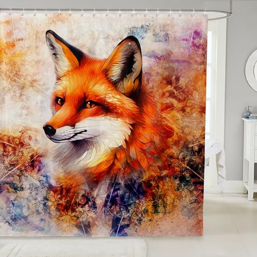 Image of Feelyou Fox Print Shower Curtain with Hooks Cartoon Fox Waterproof Shower Curtains for Boys Girls Children 3D Animal Theme Bathroom Shower Curtain Room Decor Wild Fox Bath Curtains 72x84 Inch