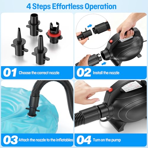 Image of 500W Electric Pump for Inflatables Portable Air Pump with Storage Bag,Quick-Fill Air Mattress Inflator Deflator Pump for Pool Floats Dock Raft and Gymnastics Mat with 4 Nozzles
