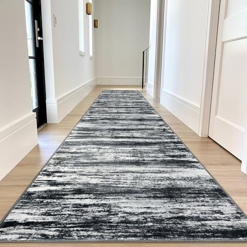 KOZYFLY Modern Abstract Washable Rug Runner 2.6x12 Hallway Rug Runner Non-Slip Soft Kitchen Runner Rugs, Black Navy Blue Grey Striped Carpet for Entryway Bathroom Laundry Room Foyer