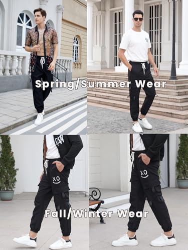 OYOANGLE Men's Casual Graphic Print Elastic Waist Y2K Street Cargo Pants with Pockets Joggers4