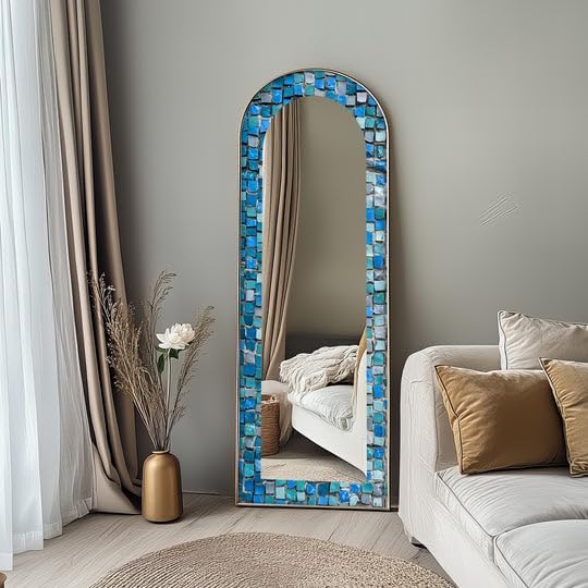 23,5’’W x 67’’H Textured Aqua Stone Mosaic – Full Lenght Floor Mirror Arched Full Lenght Mirror - Arch Full Body Stained Floor Mirror with Black Frame with Black Frame