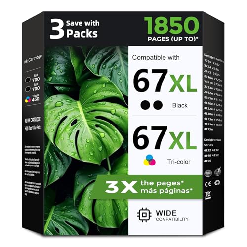 Image of 67XL Ink Cartridges 3-Pack Replacement for HP Ink 67 HP67 HP67XL Cartridge | 67 XL Black Color Combo Pack for 2700 2852e 2855e 4155e 2755e 2734e 4100 2700e 4100e 6400 2752 2752e 6055e 6458e Printer