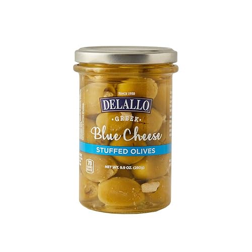 DeLallo Aceitunas griegas verdes rellenas de queso azul en tarro (paquete de 6)