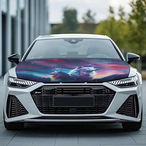 Image of Wolf Print Car Hood Cover Protector for SUV Sedans Trucks, Elastic Polyester Waterproof Sun-Proof Auto Hood Flag Patriotic Decorative Car Accessories