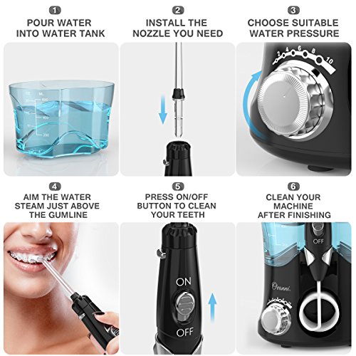 Water Flosser Teeth Cleaner, Ovonni Dental Electric Oral Irrigator with 8 Jet Tips For Braces, Implants, Bridges, 10 Pressure Settings and 600ML Capacity for Whole Family (Black)