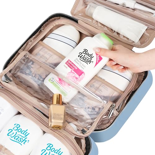 Image of NISHEL Travel Toiletry Bag for women, Portable Hanging Organizer for Family-Sized Shampoo, Conditioner, Brushes Set, Makeup Accessories, Extra Large Size, Placid-Blue