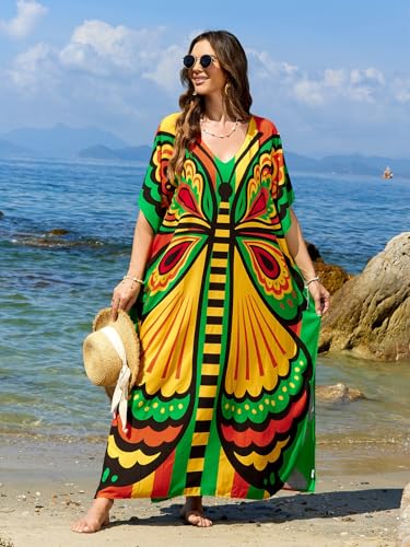 Image of sunforyou Kaftan Dresses for Women Plus Size Lightweight Swimsuit Cover up Batwing Sleeve Print Loungewear Beach Robe
