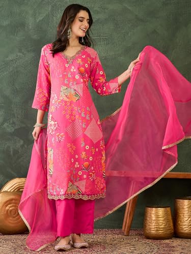 Image of Naixa Women's Lemon Chinon Embroidered Printed Straight Kurta with Green Pant | Chinon Laced Dupatta Set | 3 /4 Sleeve | V-Neck | Haldi (Available in Plus Size)