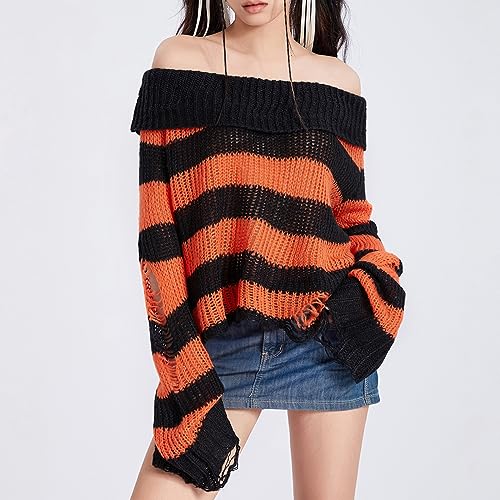 Karwuiio Women's Halloween Off Shoulder Stripe Tops Ripped Long Sleeve Sweaters Oversized Gothic Punk Pullover Knitwear3