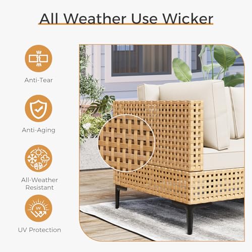 ABCASA Patio Furniture Set, 110" Large 7-Piece Wicker Outdoor Patio Furniture Sets with Coffee Table,Boho Patio Conversation Set Sectional Sofa with All-Weather Cushions for Backyard,Porch,Beige