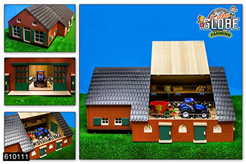 Kids Globe Kuhstall Holz mit Bauernhaus, Spielzeug Kuhstall Dach aufklappbar, Bauernhof mit Maßstab 1:32, Holzbauernhof, Holzstall, Bauernhof Spielzeug 610111