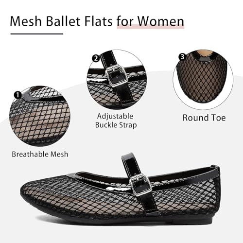 Women's Mesh Ballet Flats Round Toe Fishnet Ballerina Flats Buckle Strap Mary Jane Ballet Flats for Parties or Casual Dress Shoes2