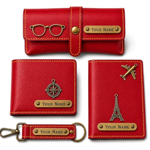 Image of Customized Wallet Combo Gift Set for Men | Faux Leather Wallet, Passport Cover & Keychain with Name & Charm | Personalized Gift for Birthday, Rakhi & Anniversary (Red wkps)