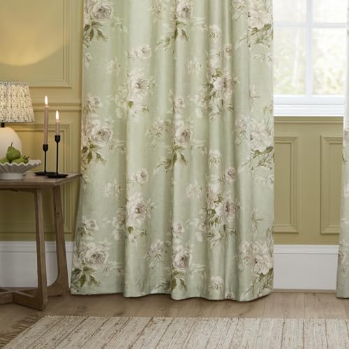 Sanderson Adele Room Darkening Pencil Pleat Curtain Pair – Botanical Floral Peony Lined Chenille Drapes (Sage - 117x183cm) - Image 3